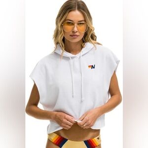NWT LOGO EMBROIDERY SLEEVELESS RELAXED CROPPED PULLOVER HOODIE - WHITE